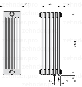 Схема (чертеж) Радиатор Zehnder Charleston 6180/5 №5510 Белый глянцевый RAL 9016